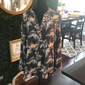 Free People Grey Floral Print Bell Sleeve Blouse